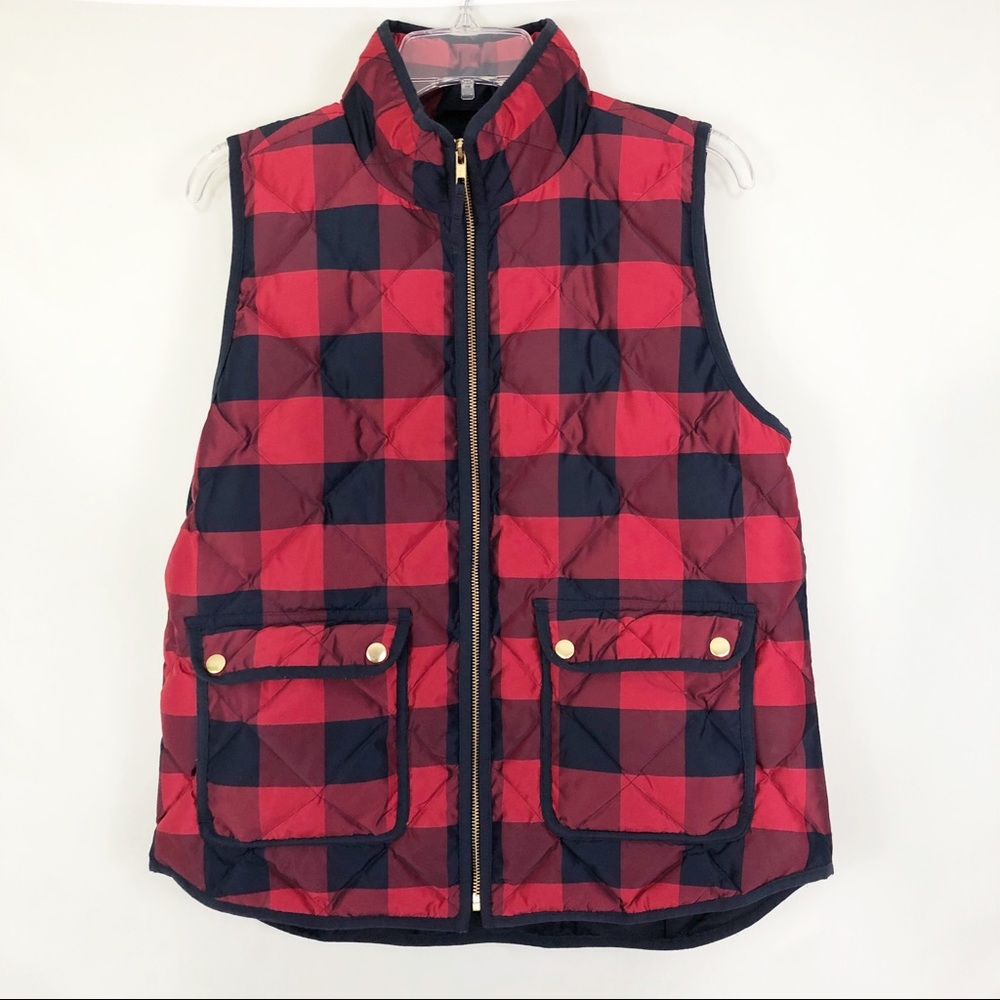 J. Crew Red Buffalo Plaid Down Puffer Vest